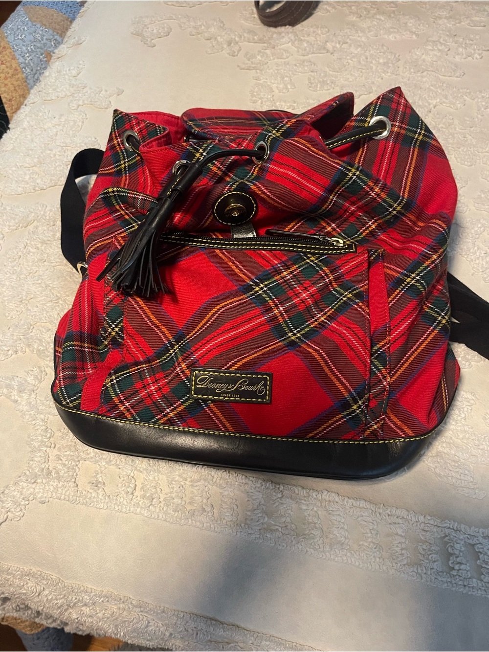 Dooney & Bourke Red Tartan Drawstring Backpack with Black Trim